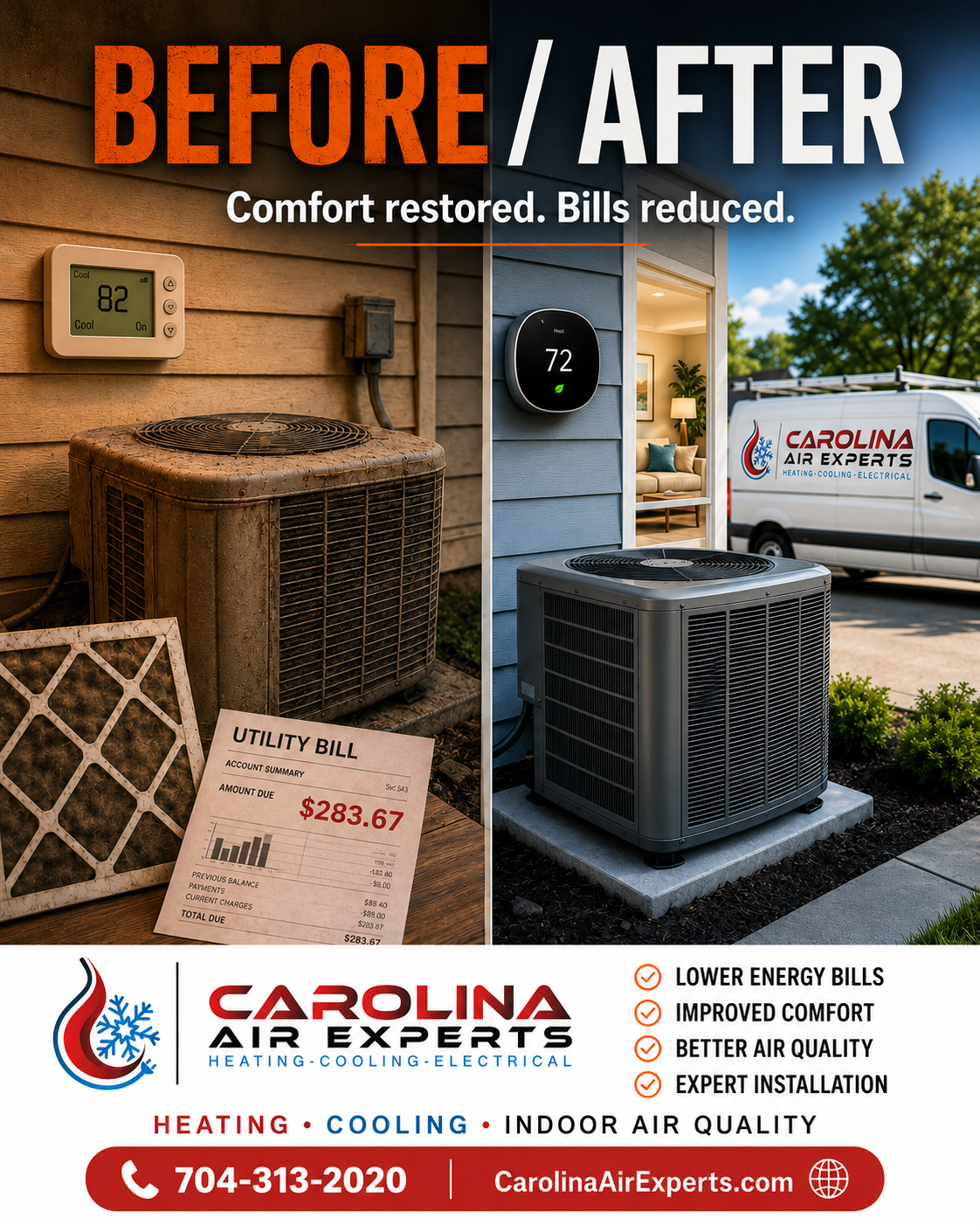 Before and after HVAC replacement comfort comparison